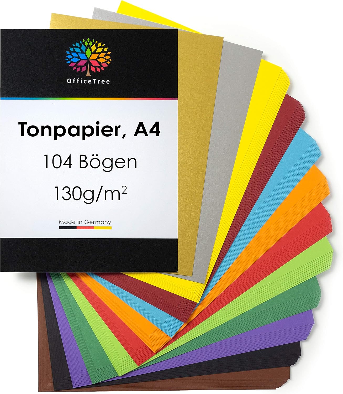 OfficeTree 104 Sheets of Coloured Paper - DIN A4 130 g/m² - 10 Colours - with Gold and Silver Sheets - Crafting Set Children Coloured Paper A4 for Crafting Designs