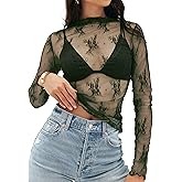 MEROKEETY Womens 2026 Mesh Sheer Lace Long Sleeve Top Sexy Y2k Mock Neck See Through Shirt Blouses