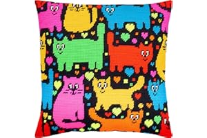 Brvsk Ferine Needlepoint Kit for Adults and Beginners — Puzzle of Cats 16″ × 16″ with Clear, Precise Printed Design on Cotton Canvas; Includes 2 Needles, Yarn, and Easy-Read Chart