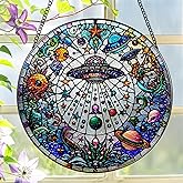 Stained Glass Window Hanging, LAOWEIKI 8'' UFO&Alien Suncatcher, Stained Glass Ornament, Suncatchers for Windows Hanging, Window Decor, Outdoor or Indoor, Gifts for Friends, Art Lover, Astronomer