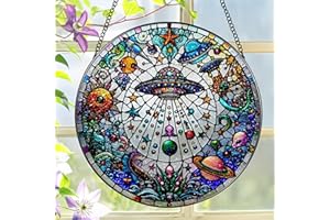 Stained Glass Window Hanging, LAOWEIKI 8'' UFO&Alien Suncatcher, Stained Glass Ornament, Suncatchers for Windows Hanging, Window Decor, Outdoor or Indoor, Gifts for Friends, Art Lover, Astronomer