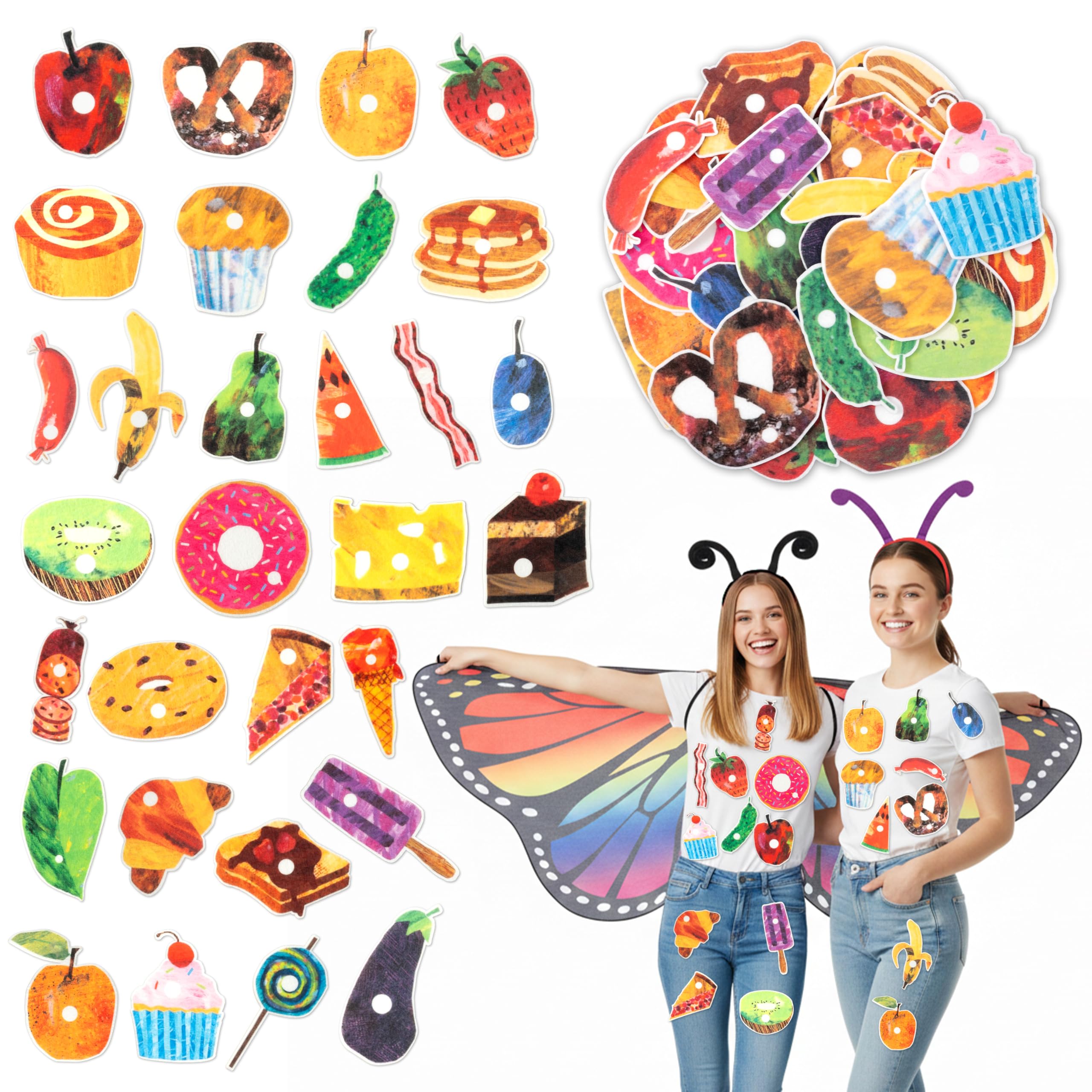 Wood Homing 33PCS Caterpillar Costume Accessories Includes 2 Adjustable Headbands 1 Butterfly Wings 30 Self Adhesive Felt Fruits Foods Book Character Costume Accessories for Adults First Day of School