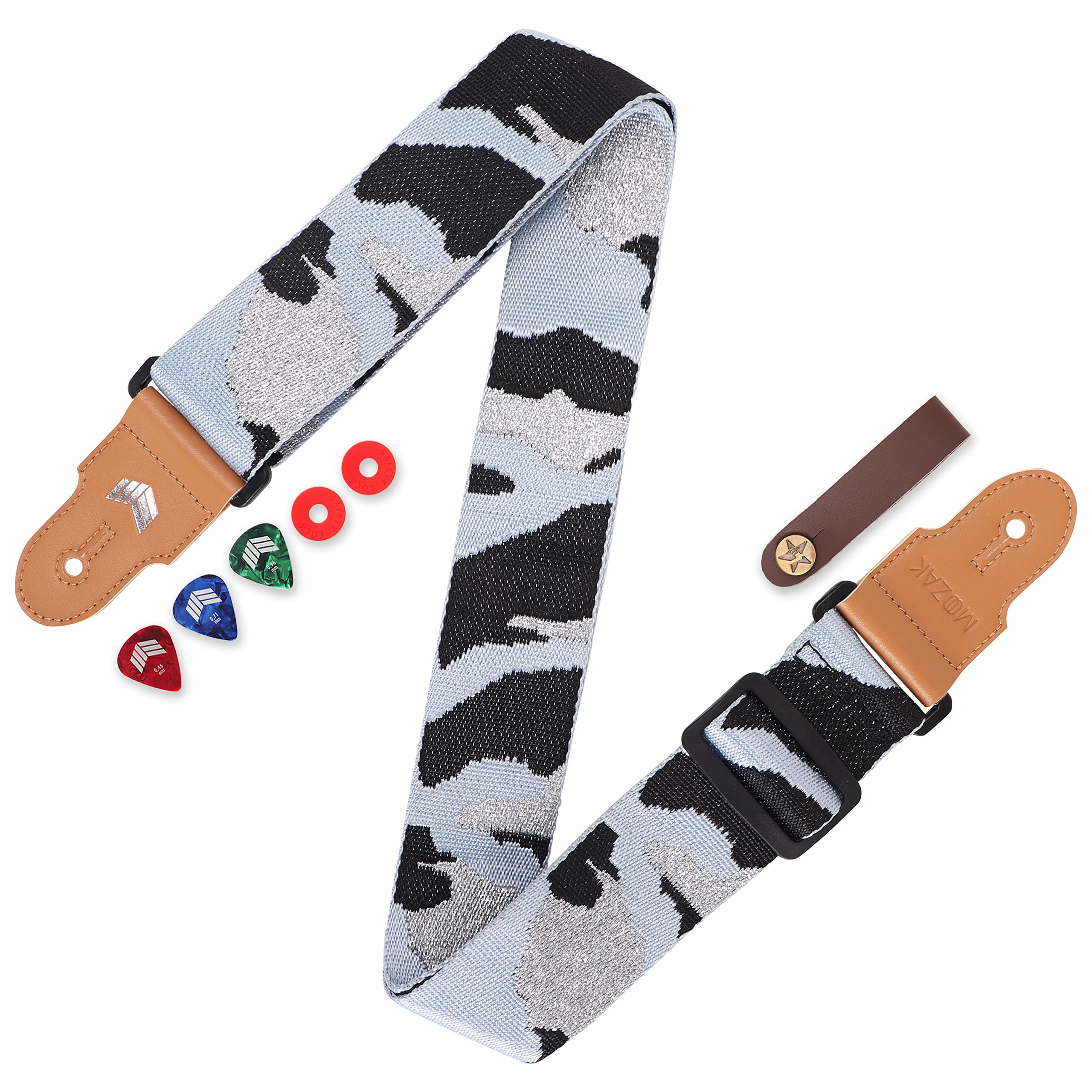 MOOZAK Guitar Strap for Acoustic, Electric Guitars and Bass Guitars with 2 Strap Locks, 3 Guitar Picks and 1 Guitar Headstock Tie Included (Sky Blue Silver)