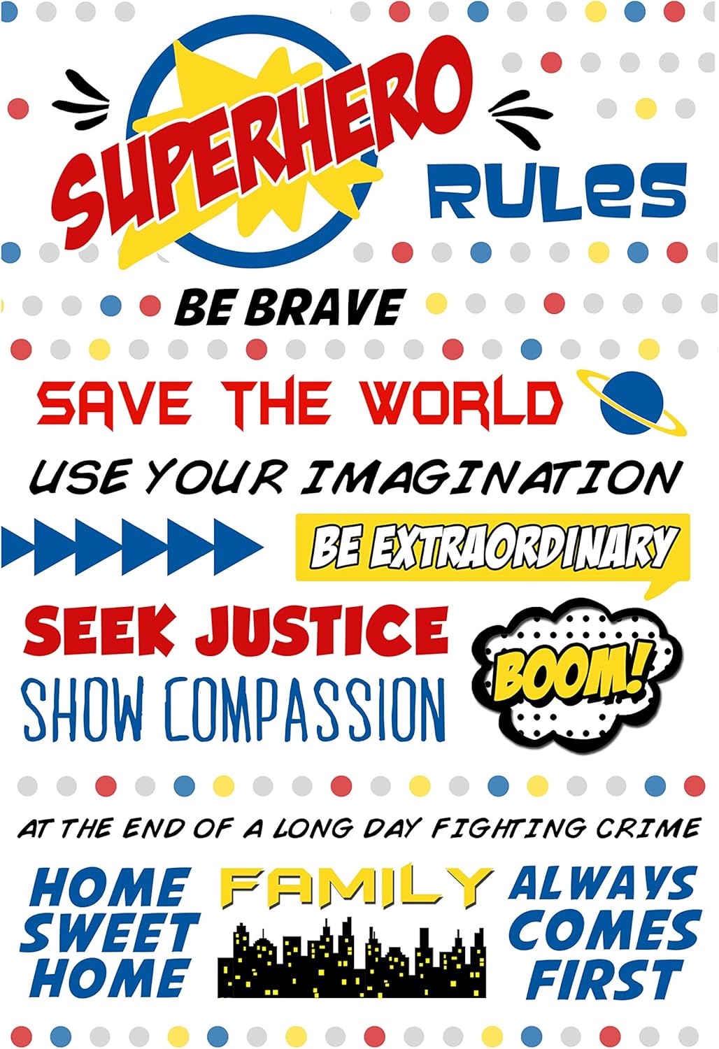Gango Home Decor Popular Blue, Red and Yellow Superhero Rules Typography Print, Perfect for a Child's Room or Nursery; One 12x18in Unframed Paper Poster
