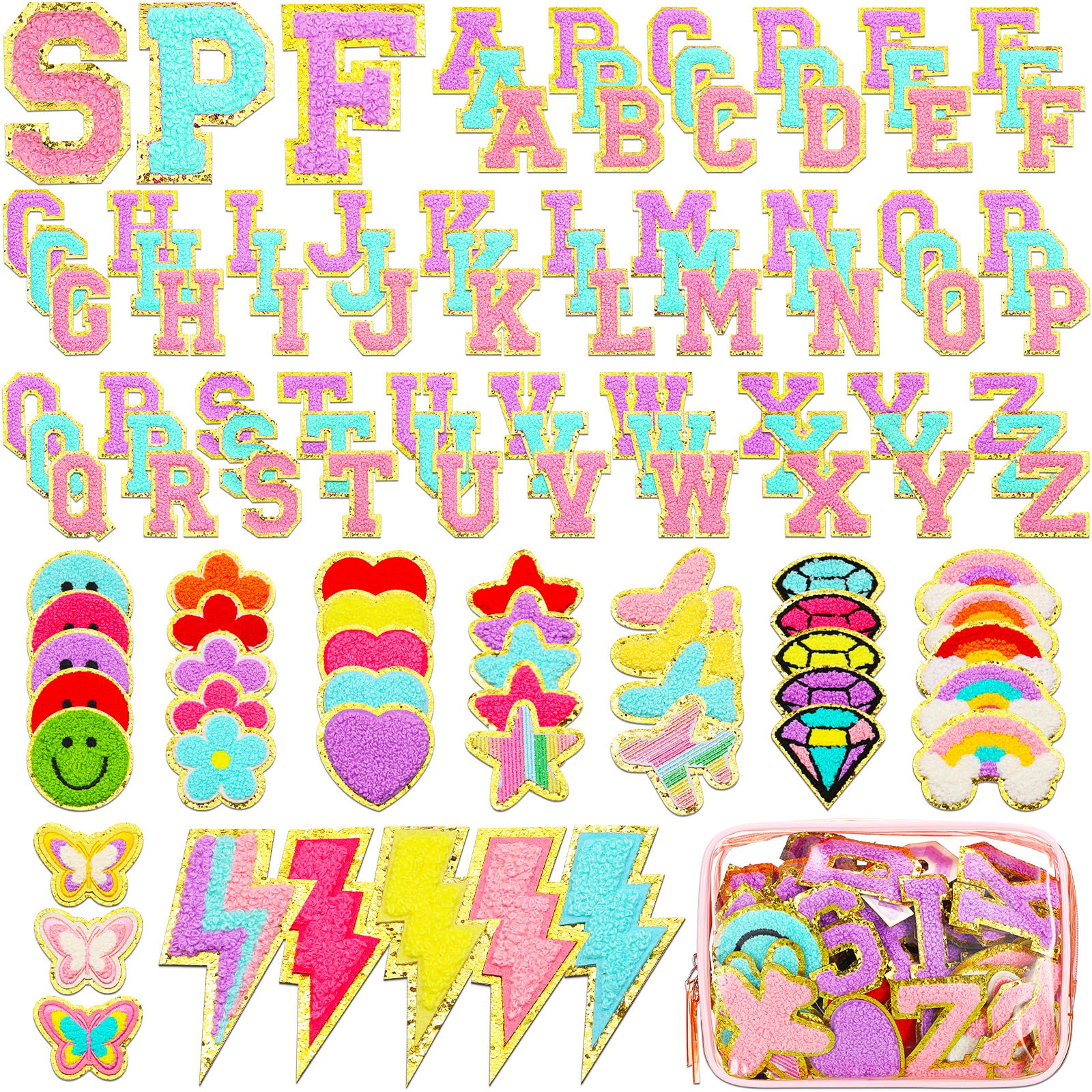 Photo 1 of Yilloog 120 Pcs Chenille Letter Patches Iron on Patches Embroidered Stickers Include 78 A-z Letters Patch 42 Stars and Flower Heart for Clothing DIY (Classic Style, Pink, Purple, Blue)
