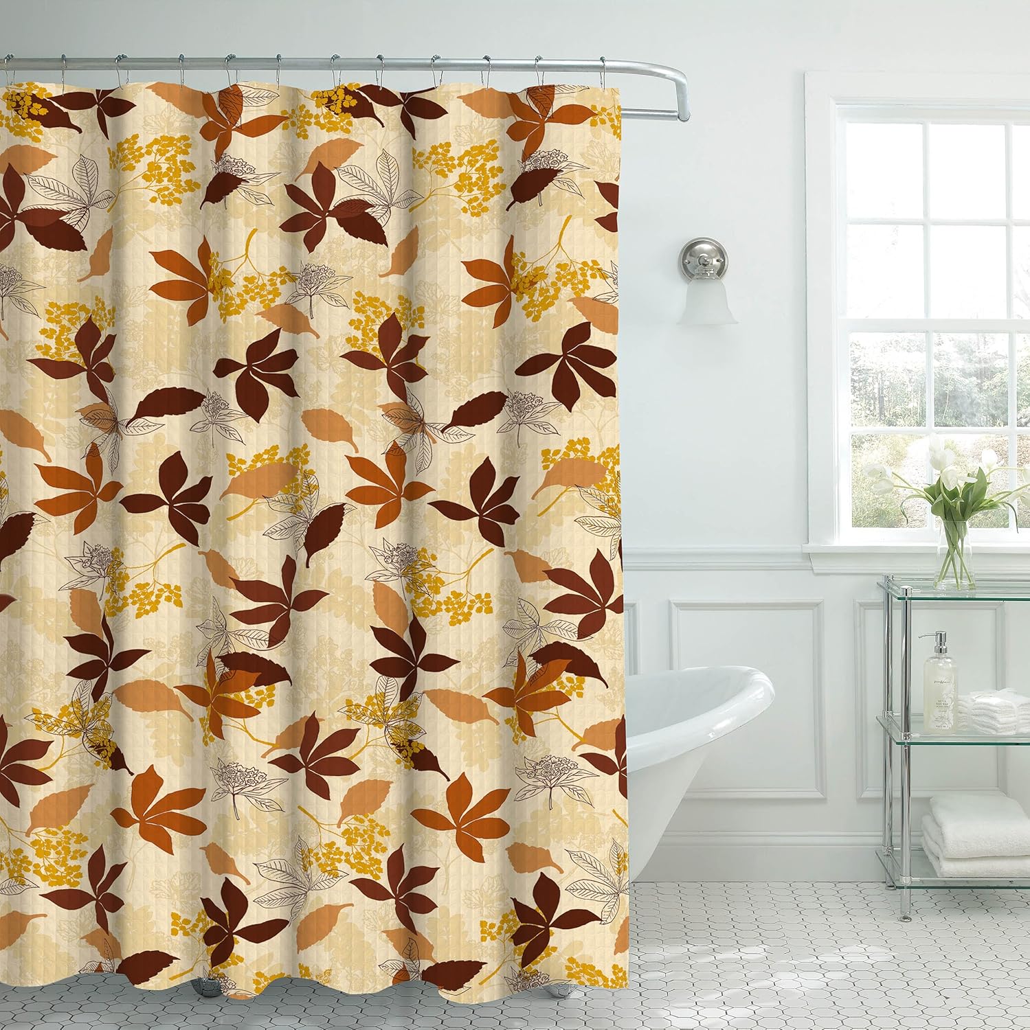 Creative Home Ideas Faux Linen 13-Piece Shower Curtain with Metal Roller Hooks, Blowing Leaves