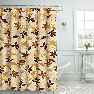 Creative Home Ideas Faux Linen 13-Piece Shower Curtain with Metal Roller Hooks, Blowing Leaves