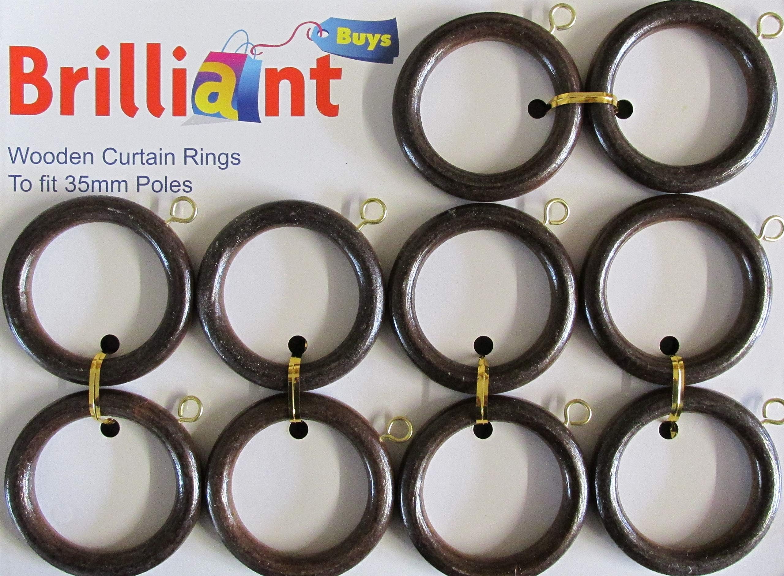 Brilliant Buys 4 Pack of Large Wooden Curtain Rings for 35mm Poles - Antique Walnut