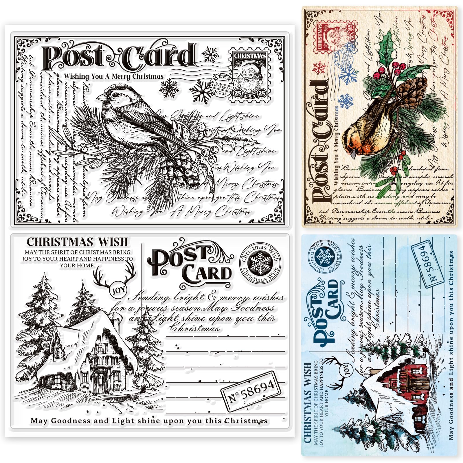 GLOBLELAND Christmas Postcard Postage Clear Stamps for Crafting Christmas Retro Text Background Bird Transparent Stamp Silicone Clear Stamps Seal for DIY Scrapbooking and Card Making Paper Decor