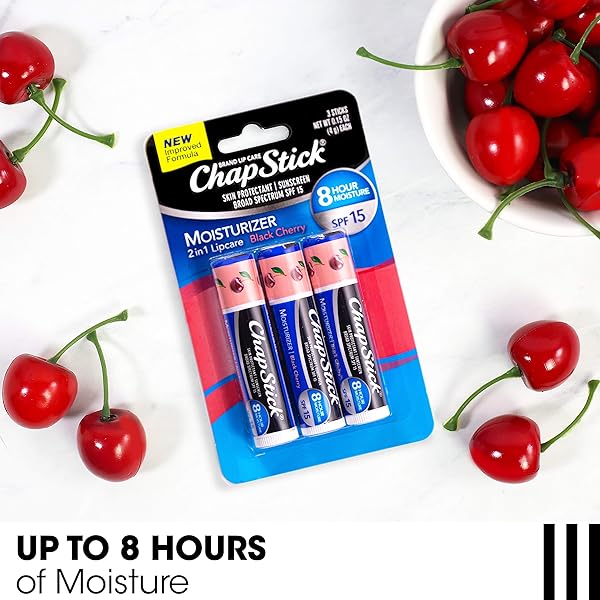 CHAPSTICK MOISTURIZER 2-IN-1 LIPCARE SPF 15, BLACK CHERRY, 3-PACK – SUNSCREEN LIP BALM WITH ALOE VERA AND VITAMIN E, 0.15 OZ EA