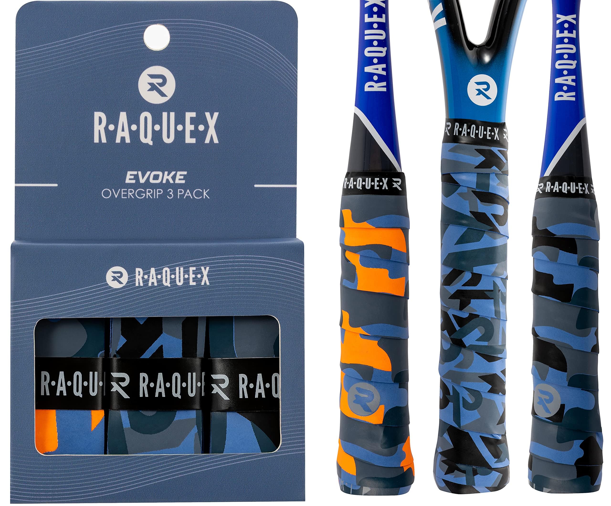 Raquex Evoke Overgrip Tape 3 Pack - Tennis Racket Grip Tapes (11 Designs) - Racquet Anti Slip Tape Overgrip for Tennis Rackets, Badminton, Squash, Padel. Finishing Tape Included