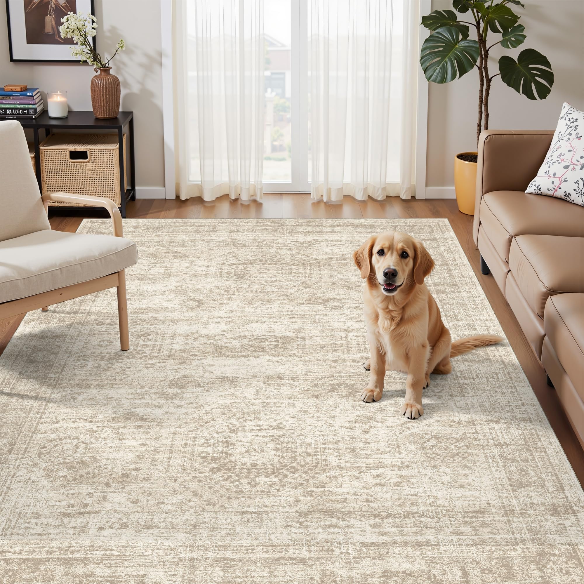 Photo 1 of 3x5 Rug, Small Area Rug for Kitchen, Entryway, Machine Washable Non-Slip Throw Rug, Vintage Carpet for Nursery Coffee Table Beige