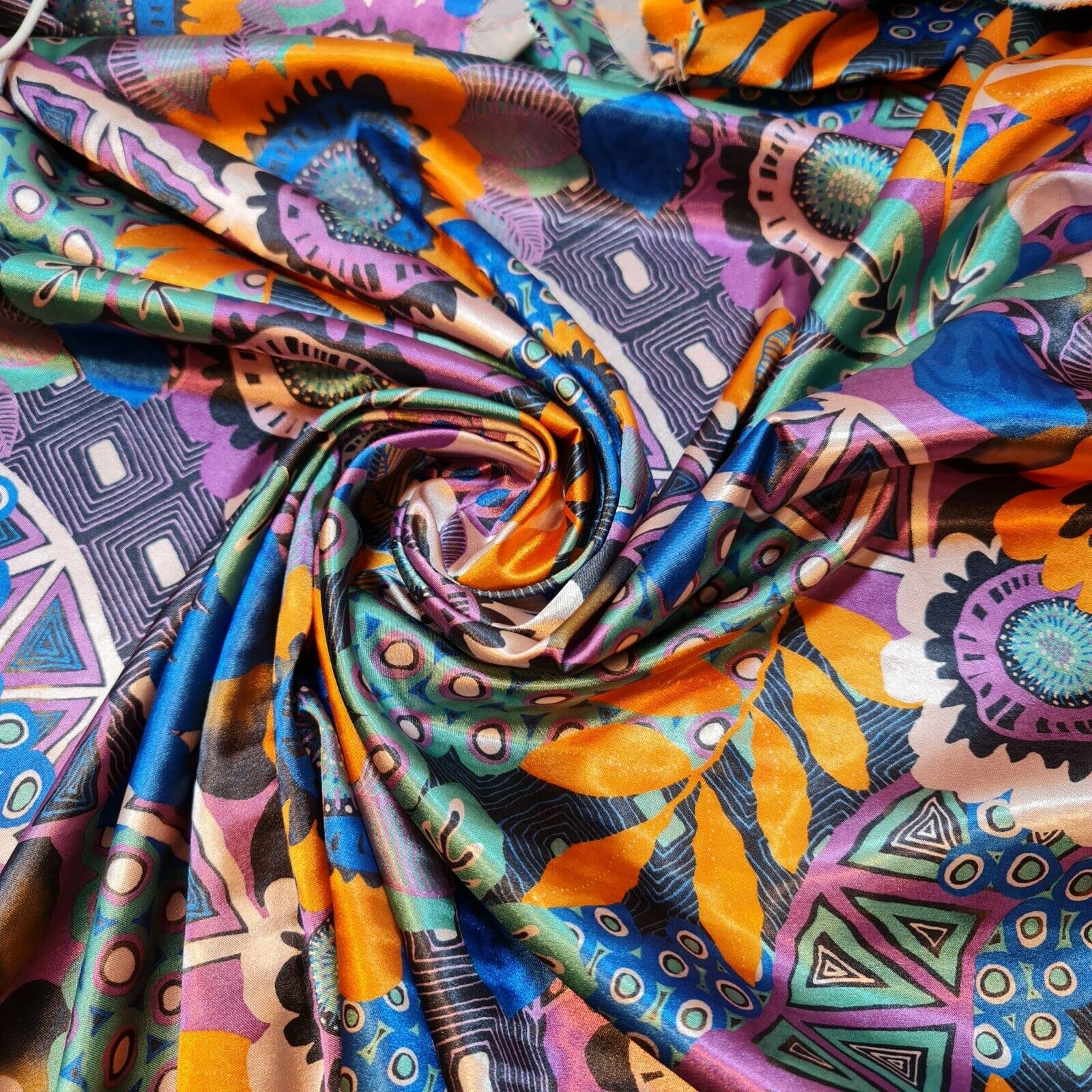 100% Polyester/Poly Silk Silky Satin Fabric, Dressmaking, Wedding, Prom - Dress Craft Fabric Material 58" - 150 cm Wide Sold As 1 Meter Pre - Cut Lengths (Retro Multi Print)