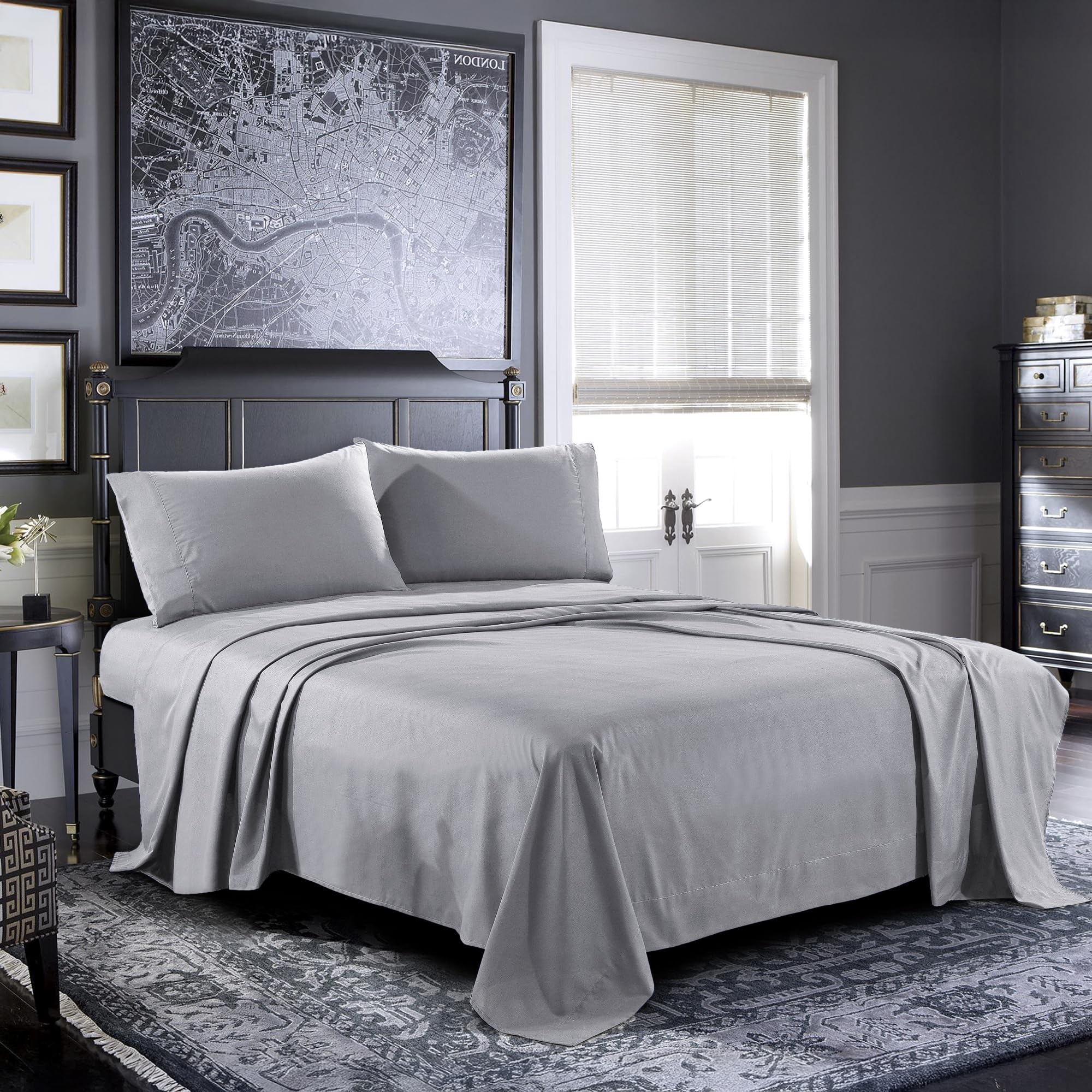 Pure Bedding Bed Sheets - King Sheet Set [4-Piece, Light Grey] - Hotel Luxury 1800 Brushed Microfiber - Soft and Breathable - Deep Pocket Fitted Sheet, Flat Sheet, Pillow Cases Image