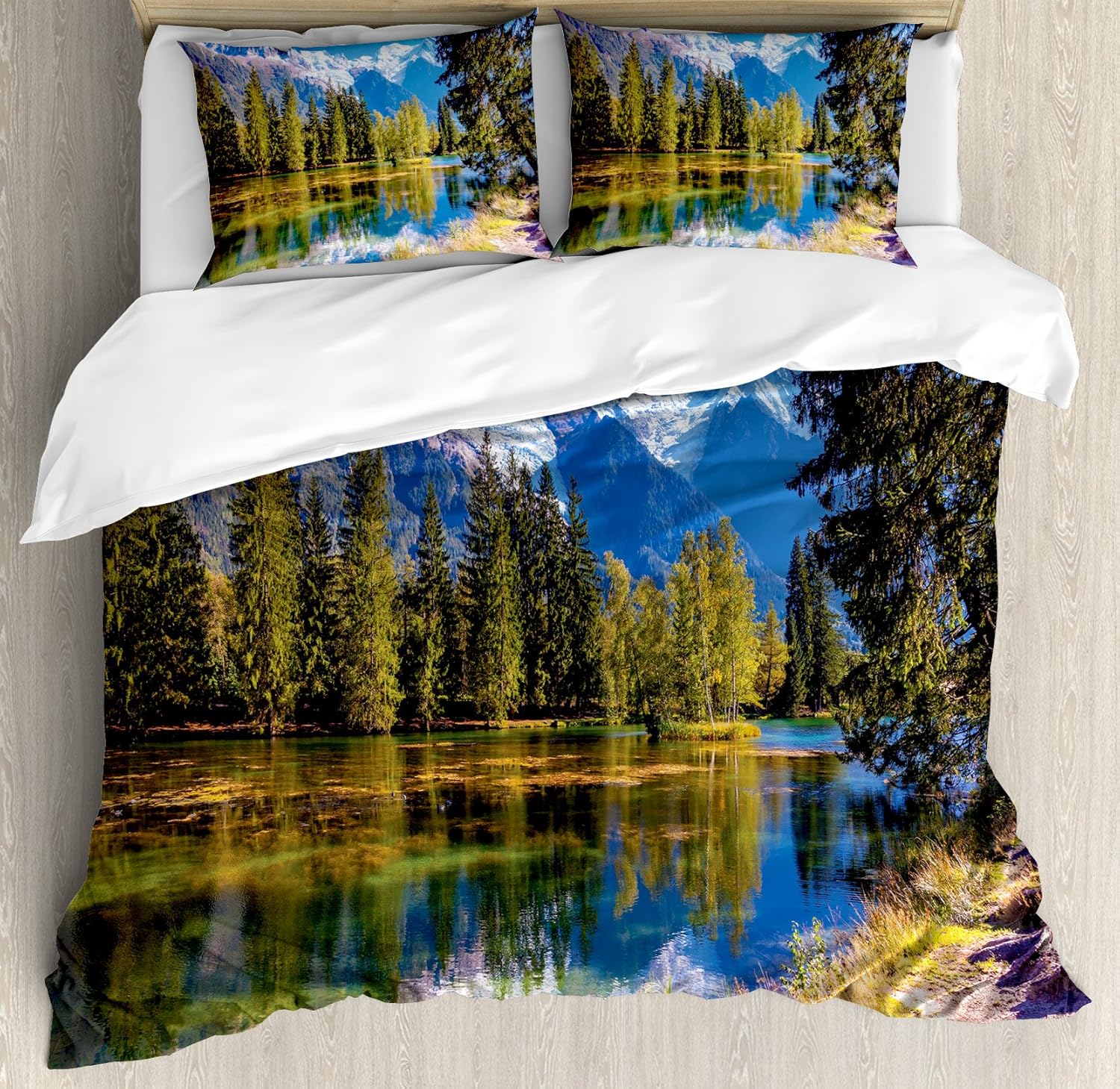 Lake House Decor Duvet Cover Set by Ambesonne, Snow Covered Alps Fir