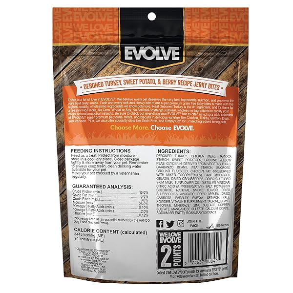 EVOLVE GRAIN FREE TURKEY, PEA, AND BERRY JERKY BITES DOG TREATS