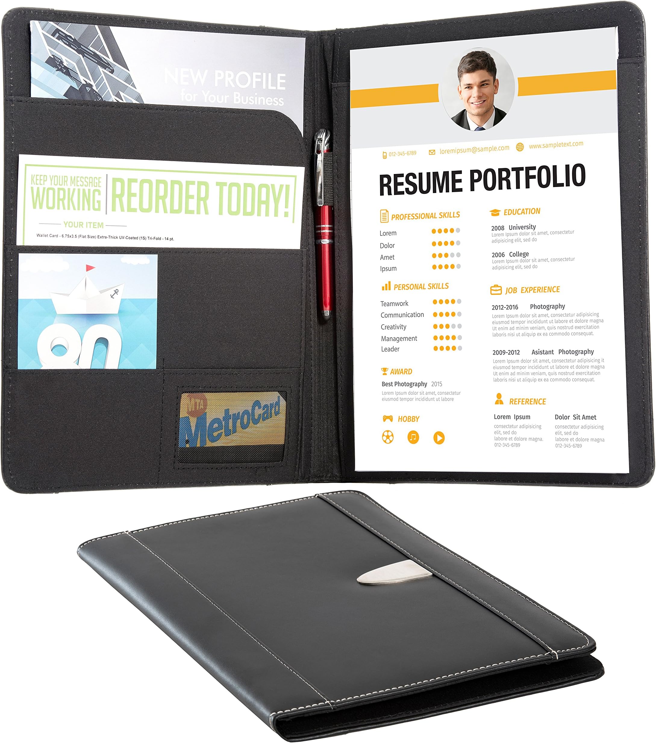 Resume Portfolio Padfolio Genuine Bonded Leather Portfolio with Replaceable A4 Letter Size Writing Pad, Document Holder, Card Holder and Pen Holder by eFolio, Black