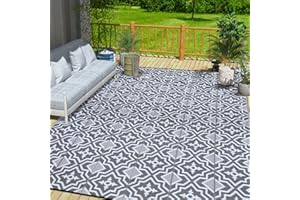ALFOLO Outdoor Plastic Straw Rug 8x10 Waterproof Outdoor Patio Rug,Porch Rug, Balcony Rug,Reversible Rv Camping Mat Outside Mat Indoor Outdoor Area Rug Carpet (Grey&White, 8'x10')…
