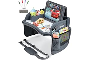 WITRIP Kids Travel Tray with Dry Erase Board - Car Seat Tray for Kids Travel, Carseat Table Top for Toddler, Lap Desk for Car Seat, Activity Organizer & Snack Holder, Road Trip Essentials for Kid (Gray)