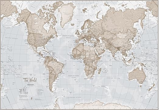 Large Map Of The World Silk Art Print World Map Neutral Tones 36 X 24