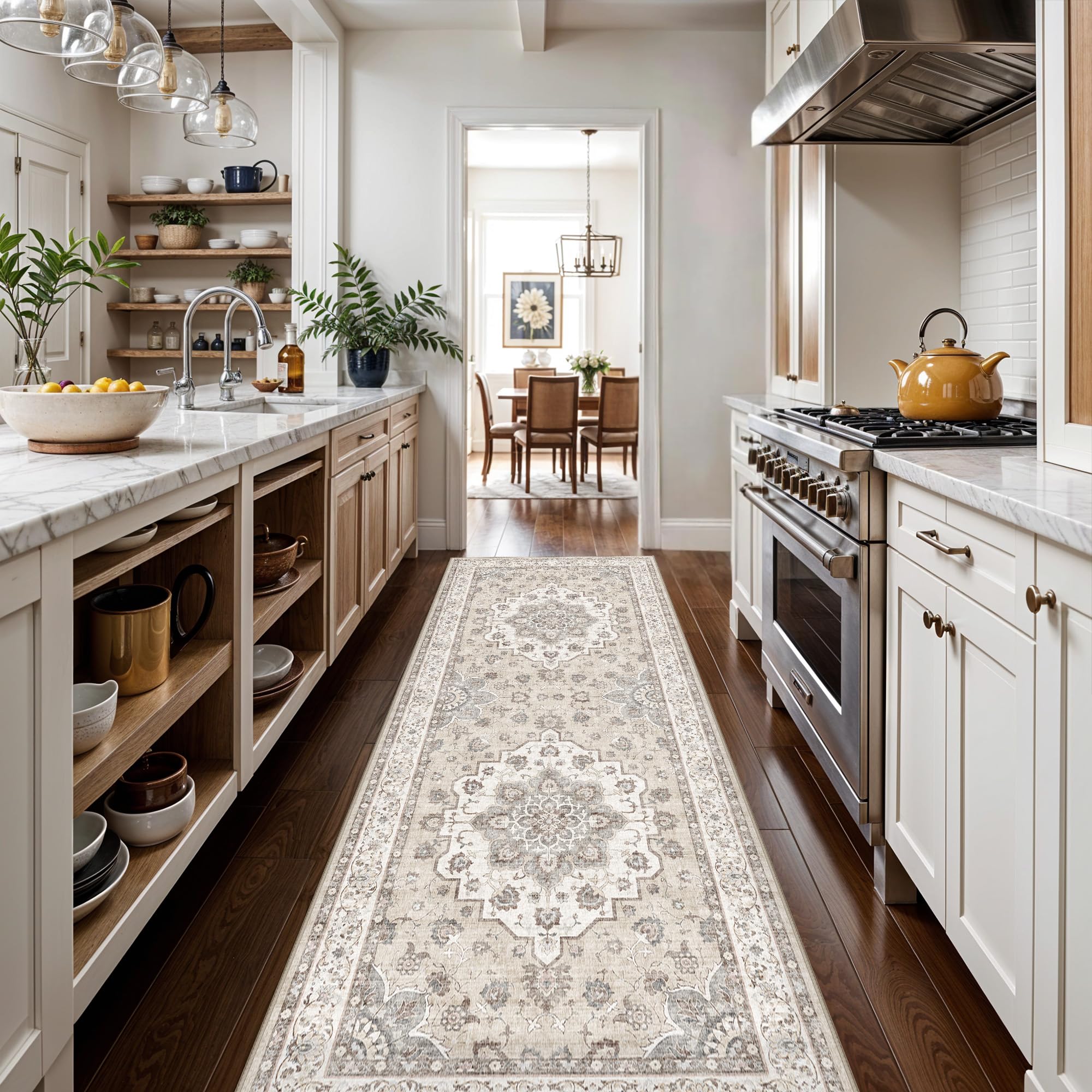 Washable 3x8 Hallway Runner Rug: Vintage Stain Resistant Rugs for Hallway Low Pile Ultra Thin Kitchen Dining Room Carpet Indoor Durable Non-Slip Bedroom Mat for Family with Kids & Pets (3x8,Beige) Image