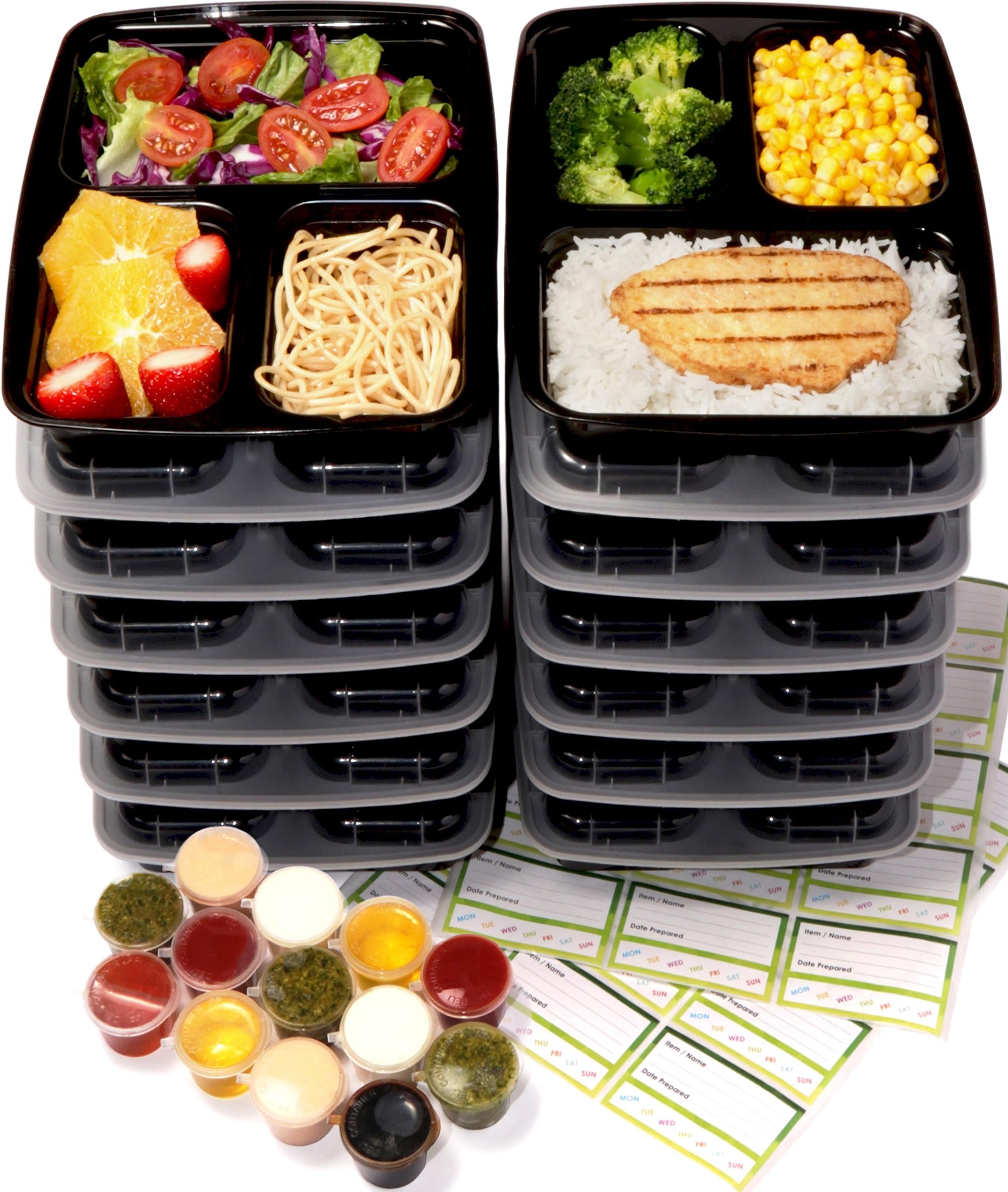 Meal Prep Containers 3 Compartment [14 Pack] & Leak Proof 1oz Sauce Cups. Microwave & Dishwasher Safe, BPA Free, Bento Lunch Box Food Containers (Black)
