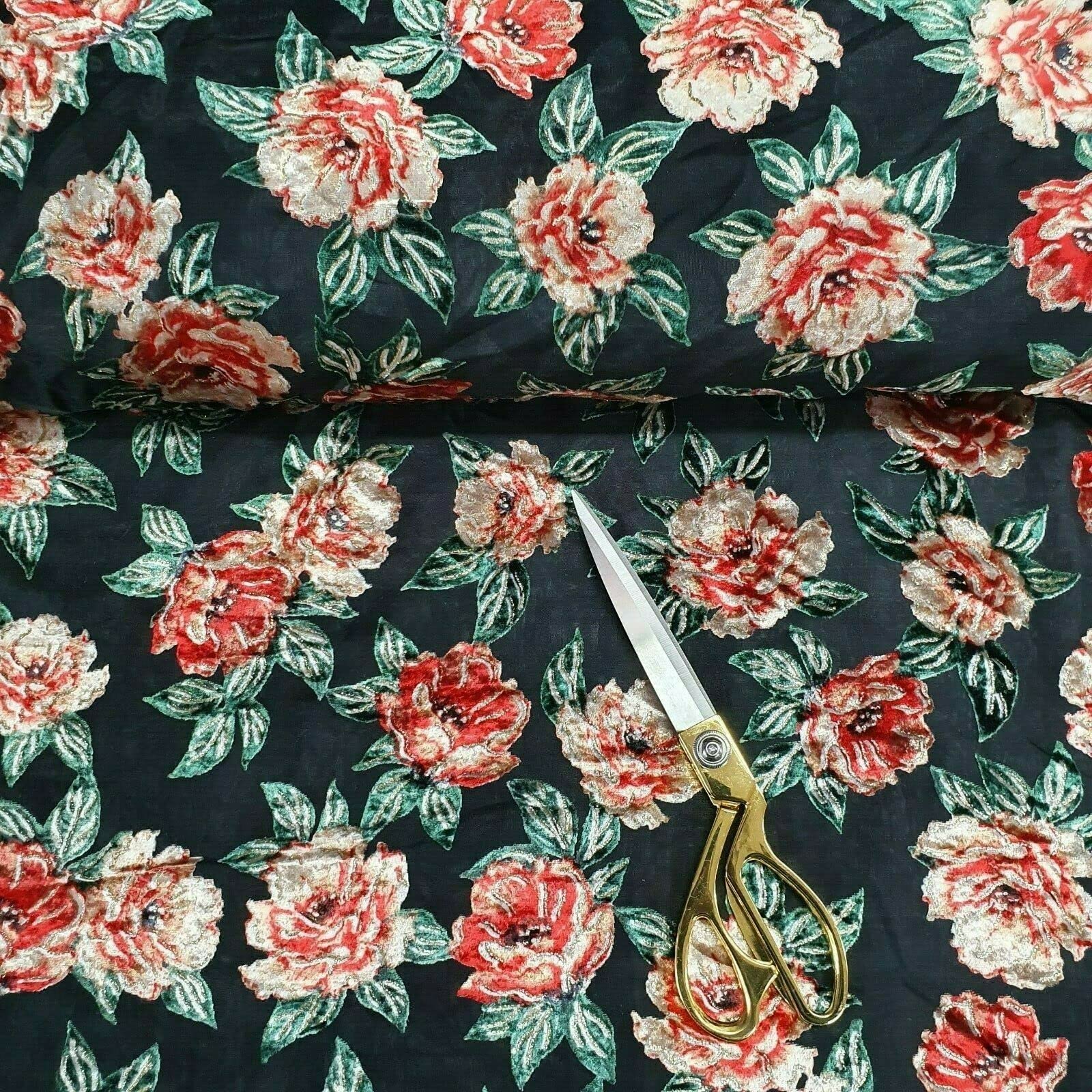 Crepe Chiffon Roses Burnout Floral Velvet Devore Dress Craft Fabric 58" Wide (Pre Cut 1 Meter) (Black Base)