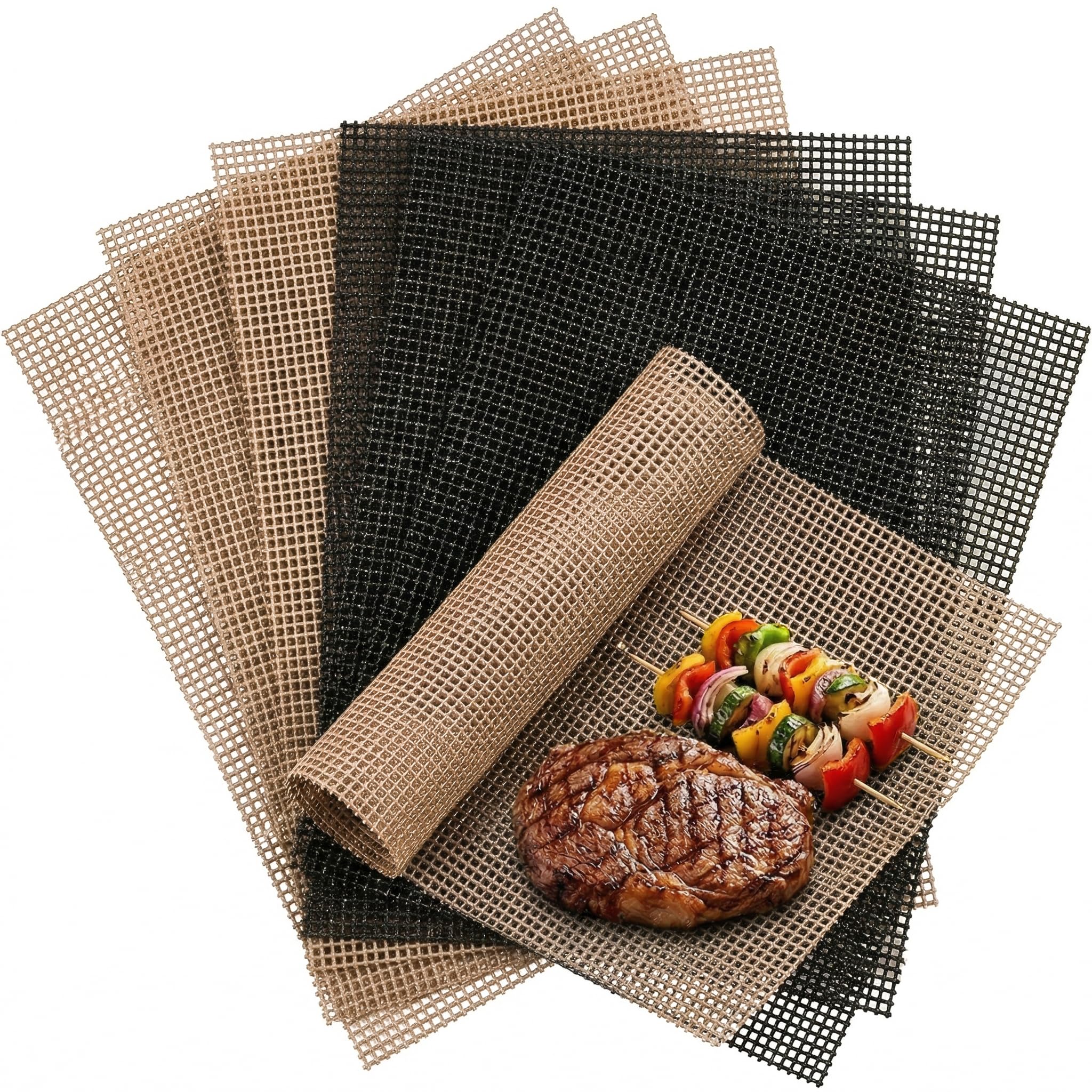 Kingrol 6 Pcs BBQ Grill Mesh Mat Reusable Non-Stick Grilling Mats Heat Resistant BBQ Telfon Mesh for Grilling Cooking Baking Barbecue Oven - Brown & Black, 40 x 33 cm