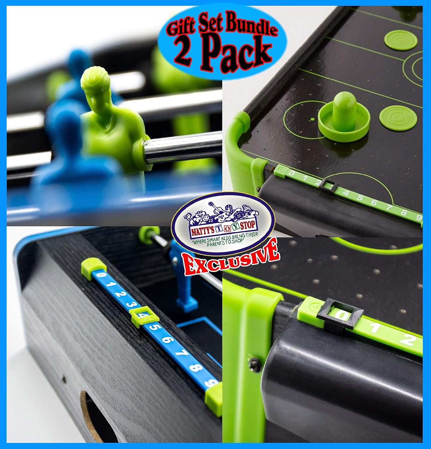 Matty's Toy Stop Deluxe Wooden Mini Tabletop NEON Air Hockey (Extra Pucks) & NEON Foosball (Soccer) (Extra Balls) Games Gift Set Bundle - 2 Pack : Sports & Outdoors