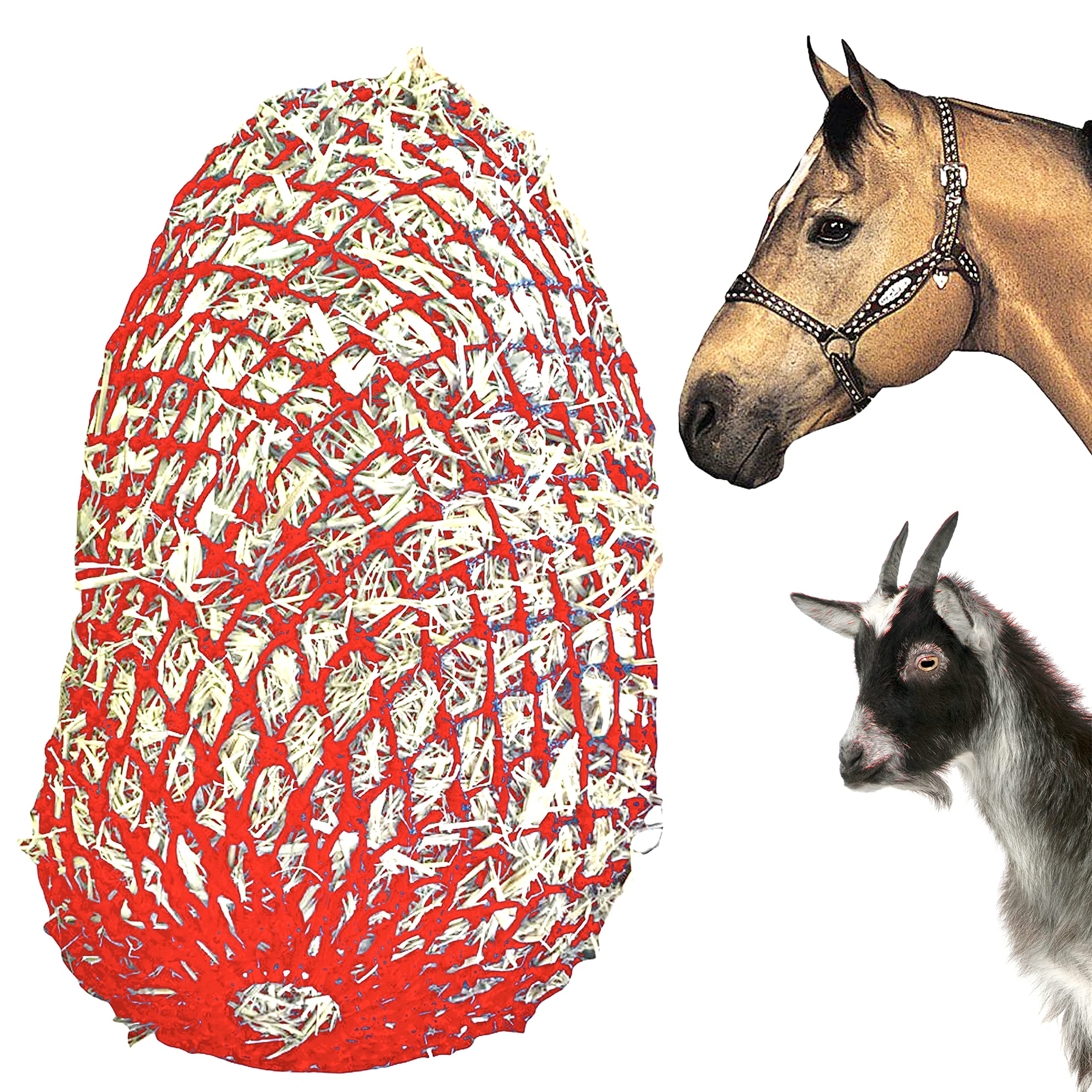 Majestic Ally 2”x2” Holes Slow Feed 40” Very Sturdy Hay Net with Bottom Ring for Desirous Horses, Nylon Rope Hanging, Adjustable Travel Feeder for Trailer, Stall, and Portable Wear. (Red)