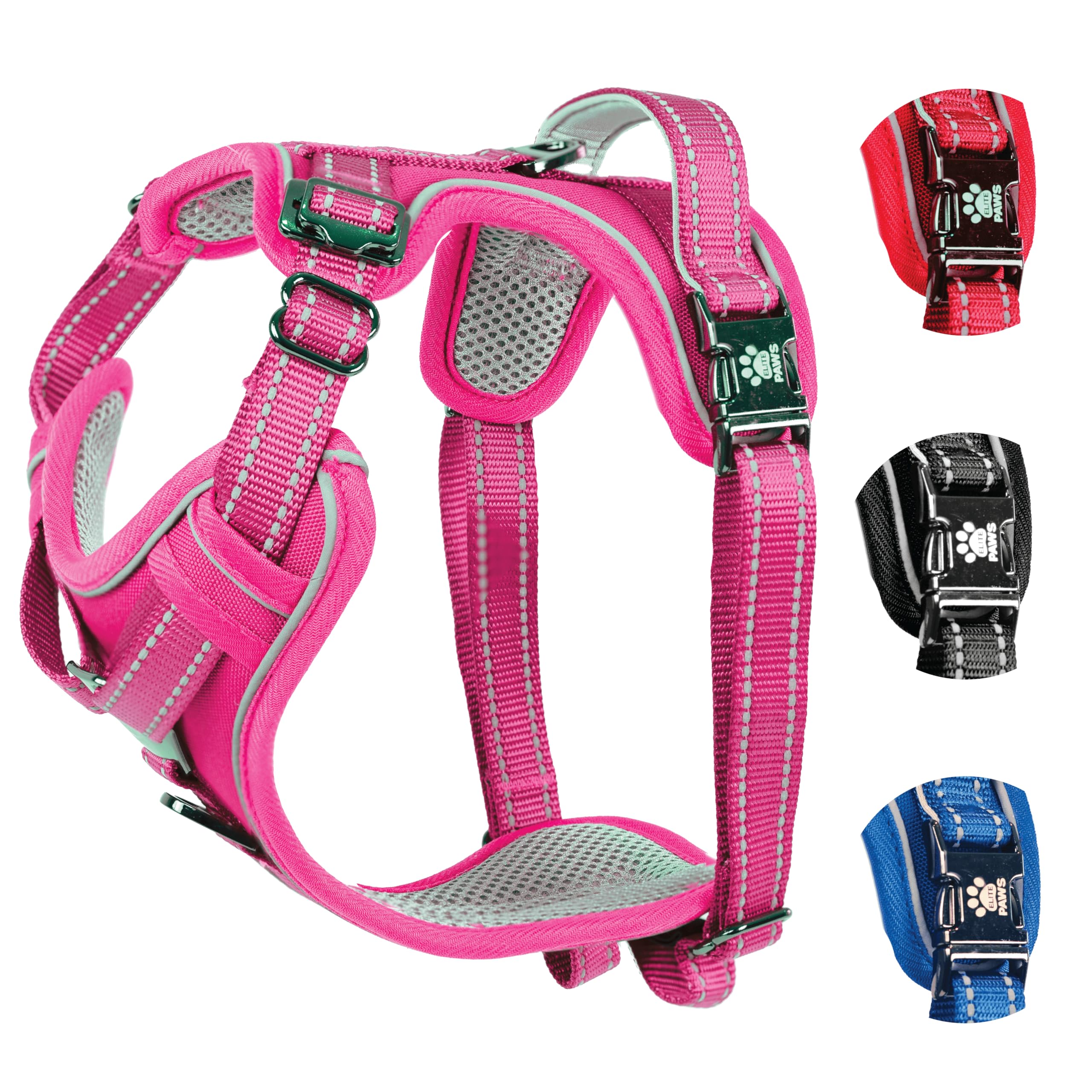 Elite Paws® UK: Premium Metal Buckle Dog Harness, Strong, Safe, Padded, Comfortable, Adjustable, Reflective, Front/Back Lead Attachments, Soft Handle, Pet Walking Vest/Training Product (Pink, Small)