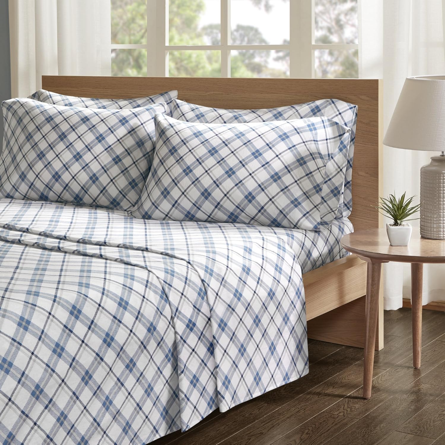 Comfort Spaces Cotton Flannel Breathable Warm Deep Pocket Sheets With Pillow Case Bedding, Full, Plaid Blue,CS20-0350