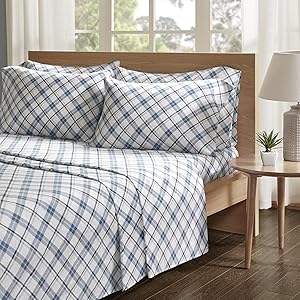 Comfort Spaces Cotton Flannel Breathable Warm Deep Pocket Sheets With Pillow Case Bedding, Full, Plaid Blue,CS20-0350