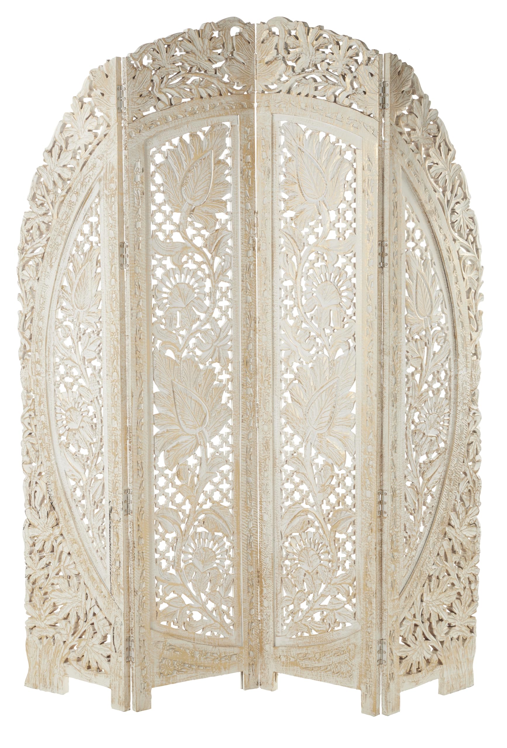 Photo 1 of Deco 79 Wood Floral Handmade Foldable Arched Partition 4 Panel Privacy Screen with Intricately Carved Designs, Room Divider 60" x 2" x 72", White