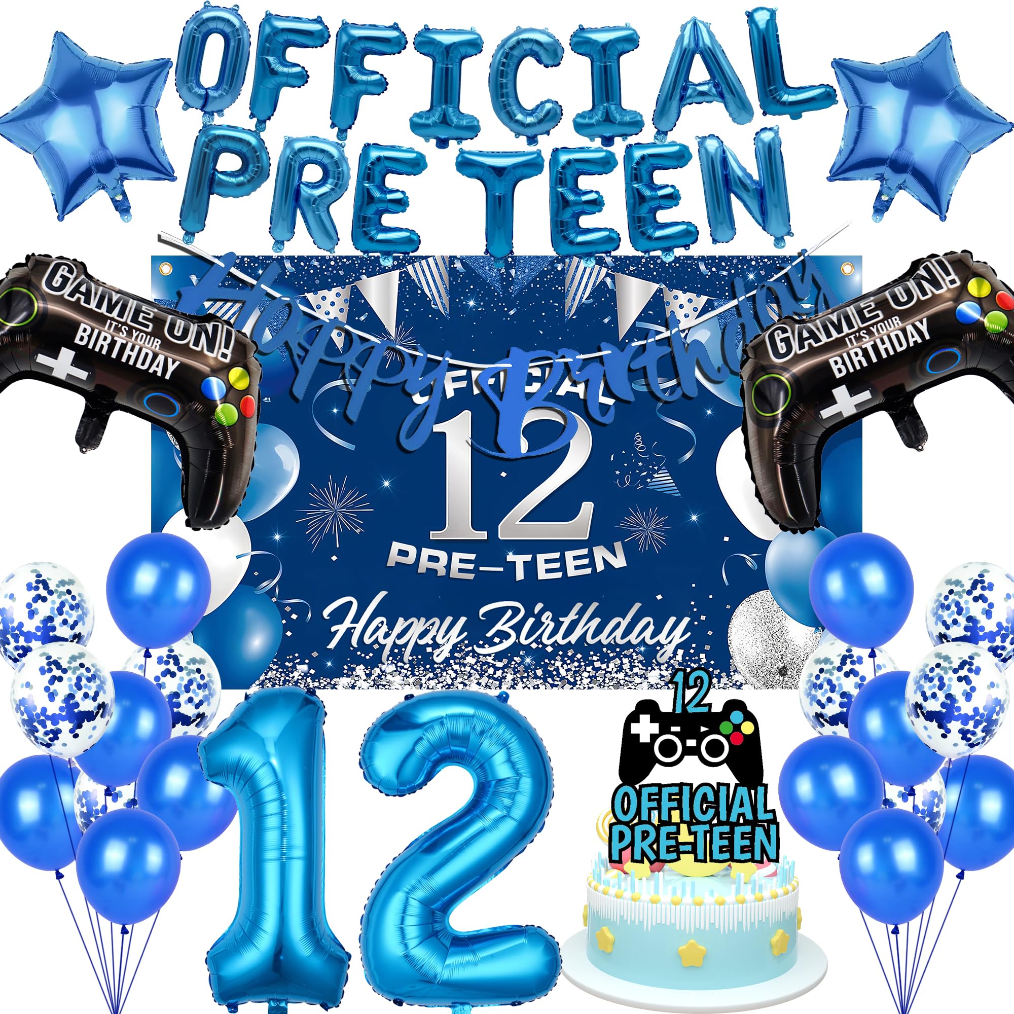 Photo 1 of 12th Birthday Decorations Boy Balloons - 42 Pcs Blue Banner Balloon Backdrop Cloth Number 12 Cake Topper Game Controllers Star Foil Baloons For 12 Year Old Boys Birthday Party Official Pre Teen