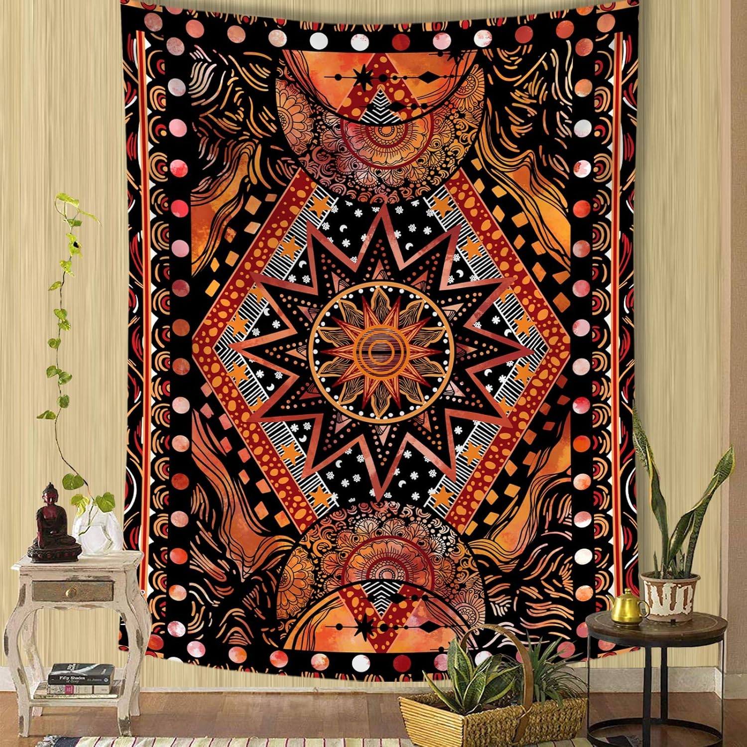 Tapestries - Fowocu Orange Sun and Moon Tapestry Wall Hanging, Indie Hippie Mandala Cool Wall Tapestries, Aesthetic Tapestry for Bedroom Living Room Dorm (Orange, 36'' × 48'')