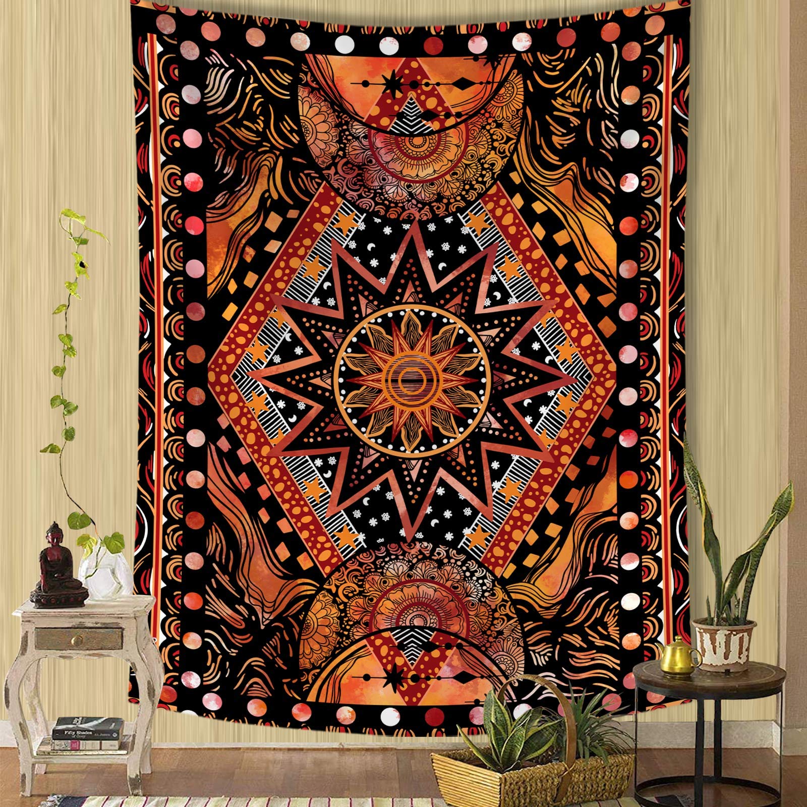 Fowocu Orange Sun and Moon Tapestry Wall Hanging, Indie Hippie Mandala Cool Wall Tapestries, Aesthetic Tapestry for Bedroom Living Room Dorm (Orange, 60'' × 80'')