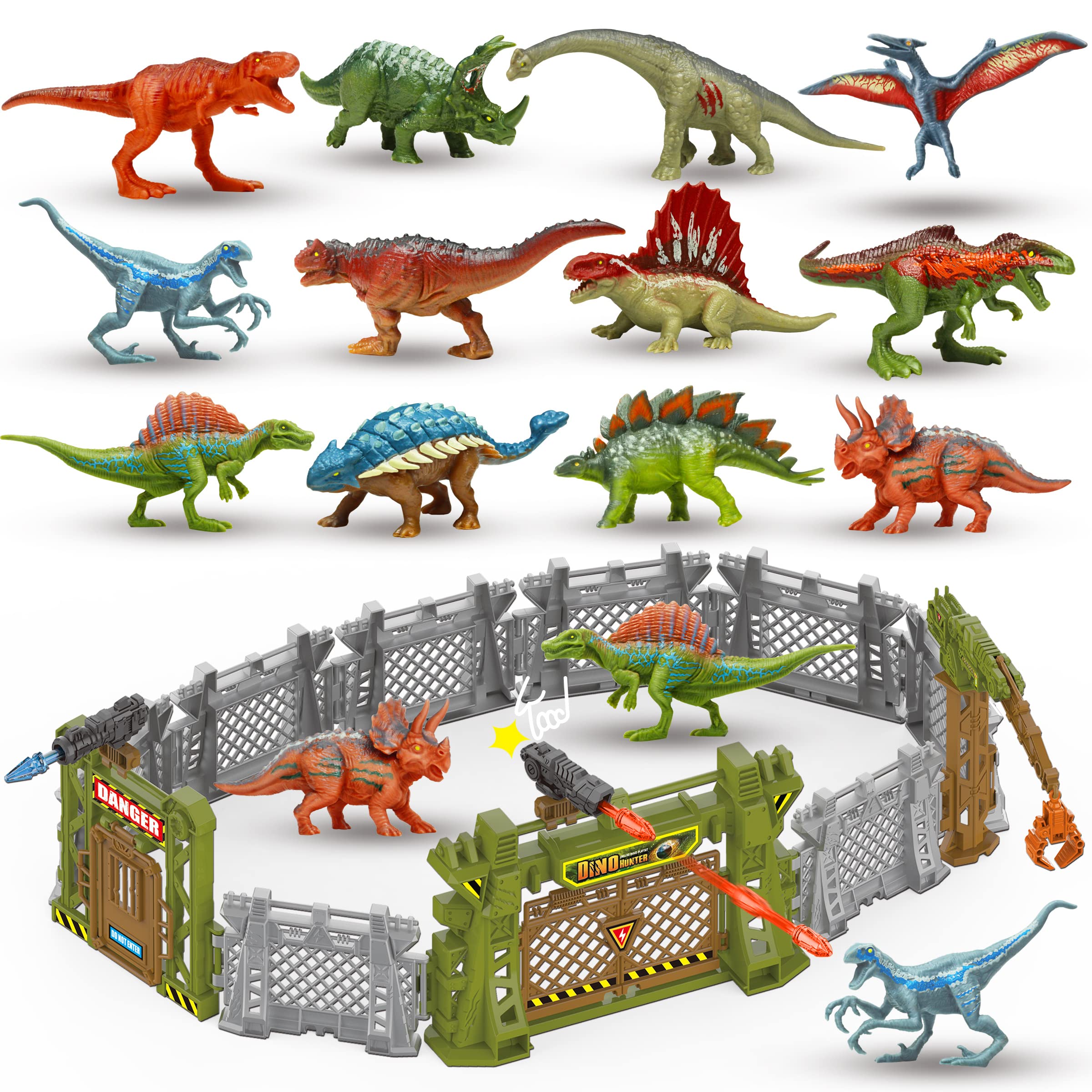 Oriate 12PCS Mini Dinosaurs Figurines Toys with Dinosaur Trainning Fence Play Toys Set for Kids 3-5 5-7, Capture n Escape Dino World Playset, Including 12 Jurassic Dinosaur Fences & 2 Blasters