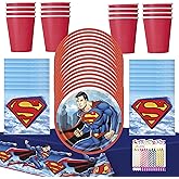 Superman Party Supplies Pack for 16 Guests – Officially Licensed – 7" Dessert Plates, Luncheon Napkins, Cups & Table Cover – Includes Birthday Candles – Superman Themed Party Decorations