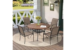 DIFY Outdoor Dining Set for 4, Patio Dining Furniture Set Includes 42" Walnut Round Table with Adjustable Umbrella Hole and 4 Brown Stackable Metal Chairs for Poolside, Garden, Backyard