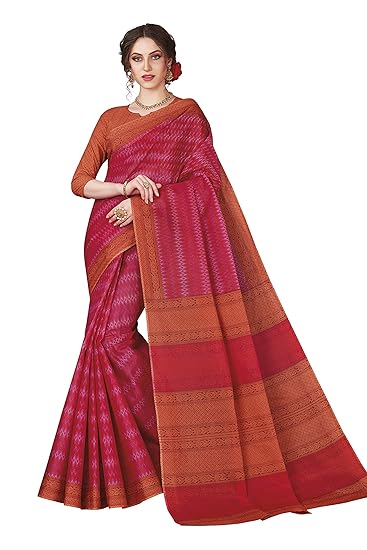 Womens Pure Cotton Printed Saree with Blouse Piece (SKR5632_Pink-Rust)