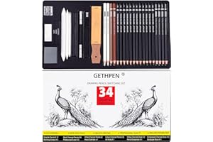 GETHPEN Sketch Pencils for Drawing,34 Pcs,Graphite Pencil (14B-4H), Charcoal Pencil,With Graphite Sticks, Erasers and Sharpener, Art Pencils for Sketching,Artist Set for Beginners and Professionals