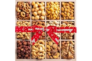 NUT CRAVINGS - Thanksgiving Mixed Nuts Gift Basket in Reusable Wooden Tray + Heart Ribbon (12 Assortments) Holiday Xmas Christmas Food Arrangement, Healthy Snack Care Package