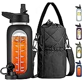 CIVAGO 32 oz Glass Water Bottle with Straw and Insulated Bottle Holder Sling, Motivational Water jug with Time Marker and Silicone Sleeve, Large Sport Water Flask with 2 Lids, Black