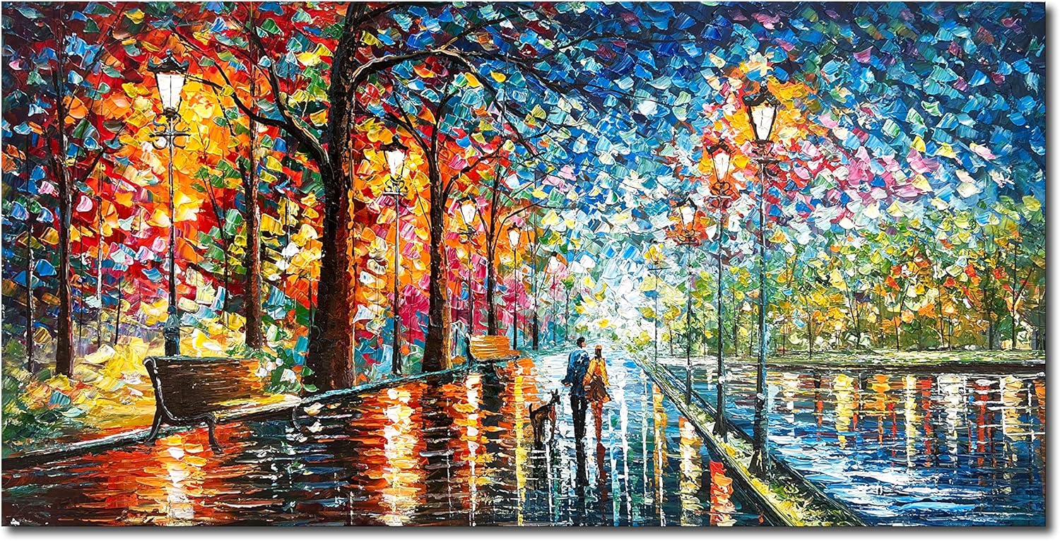 Paintings - Diathou Hand Painted Oil on Canvas Romantic Night Scene Modern Landscape Art Oil Painting, 24x48 Inch Iiving Room Canvas Wall Art Painting Ready to Hang