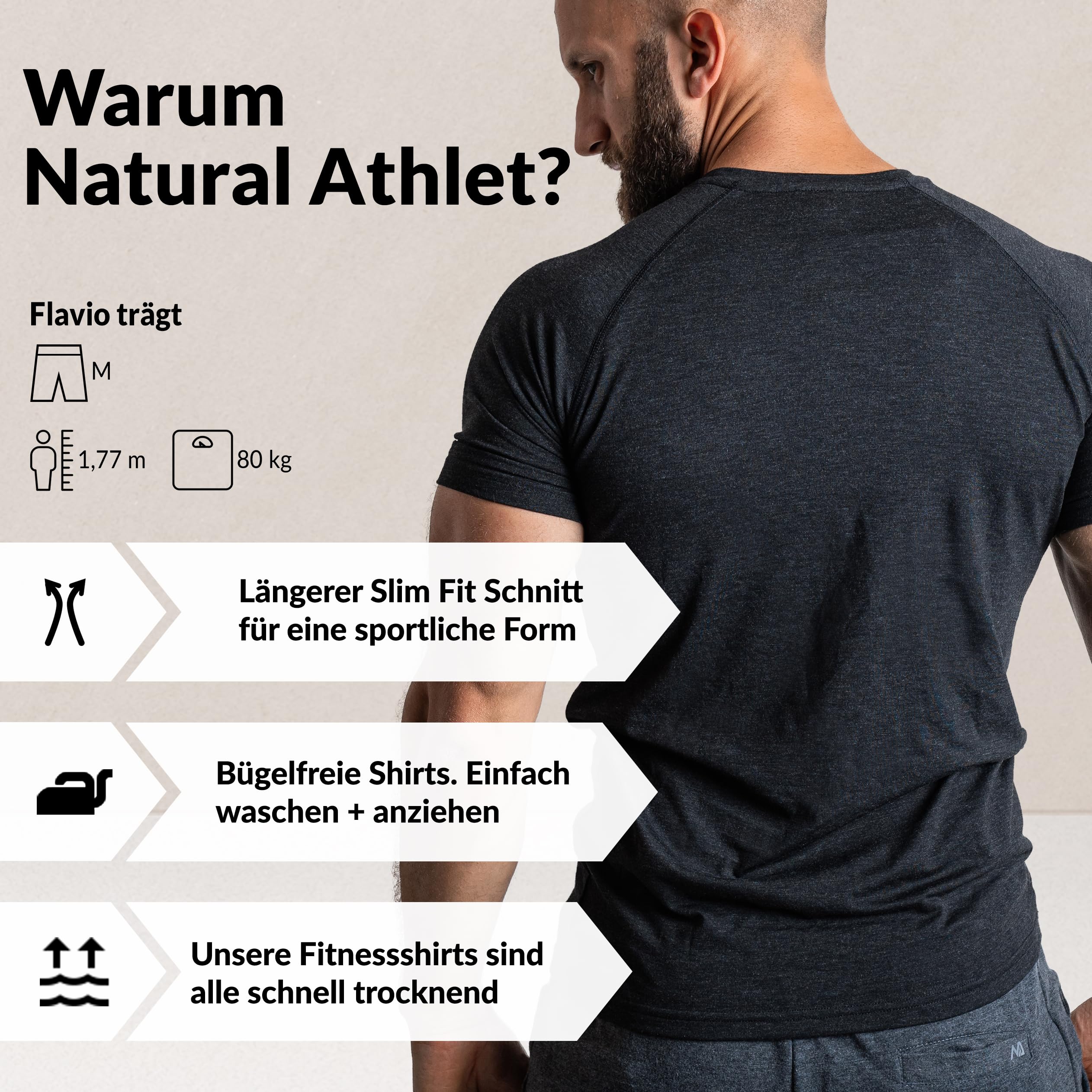 Herren Fitness T-Shirt meliert - Männer Kurzarm Shirt für Gym & Training - Passform Slim-Fit, lang mit Rundhals, Schwarz, M 2