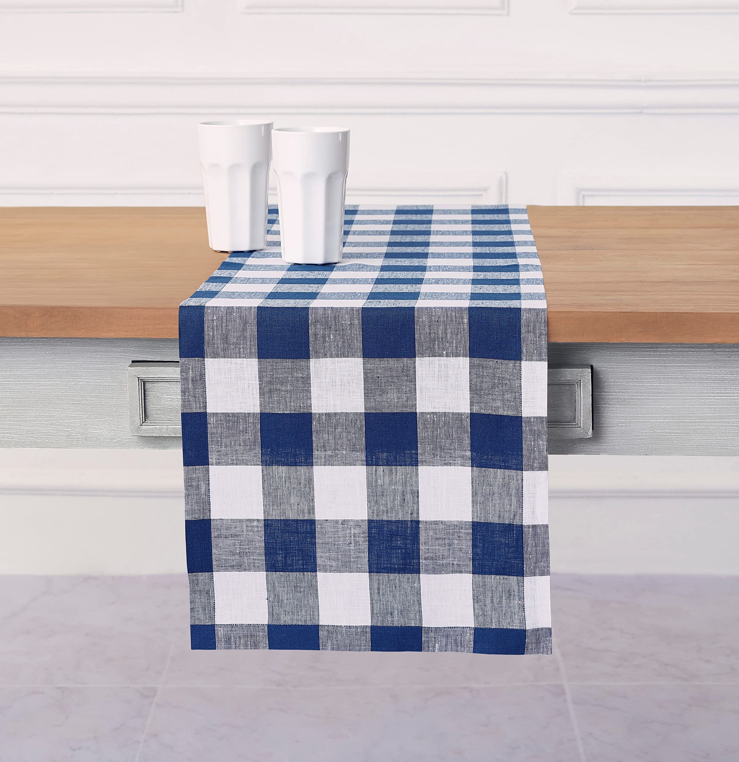 Solino Home Linen Buffalo Check Table Runner 108 Inches Long - 100% Pure Linen Blue and White Plaid Table Runner 14 x 108 Inch Ideal for Dining, 4th of July, Summer
