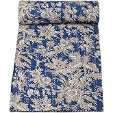 Marubhumi Indian Traditional Pure Cotton Floral Print Kantha Quilt, Bed Cover Throw Floral Printed Kantha Quilts Multi Color (Blue, Queen (90"x 108"))
