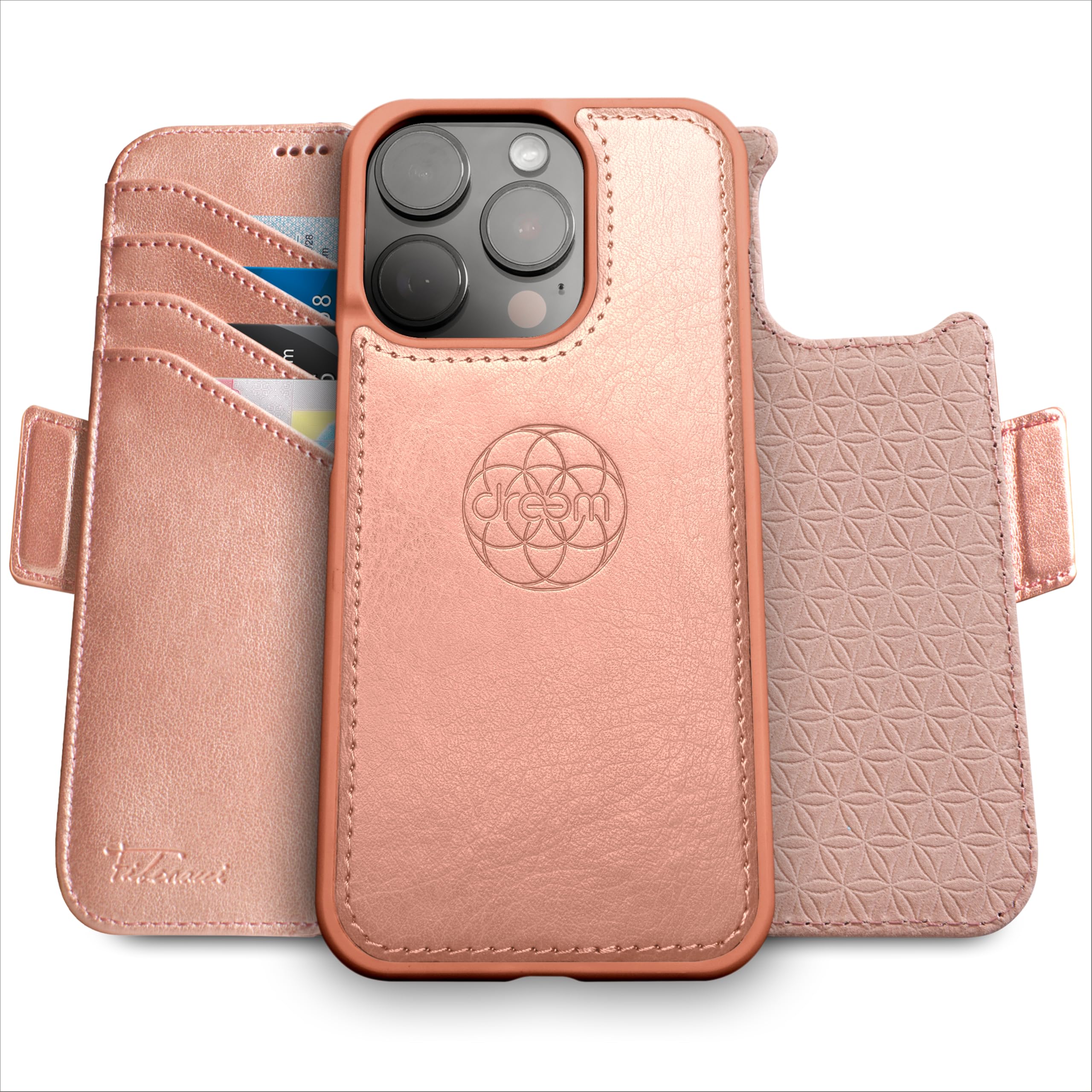 dreem Wallet Case for iPhone 16 Pro, Revolutionary Vert/Hor Phone Stand, Magnetic Detachable Vegan Leather Flip Cover RFID Blocking Card Holder, MagSafe-Fit, Gift Box [Fibonacci: Rose]