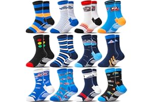 Welwoos Baby Boys Grips Socks 12 Pairs Kids Toddlers Infants Anti Slip Non Skid Funny Cartoon Crew Breathable Cotton Socks